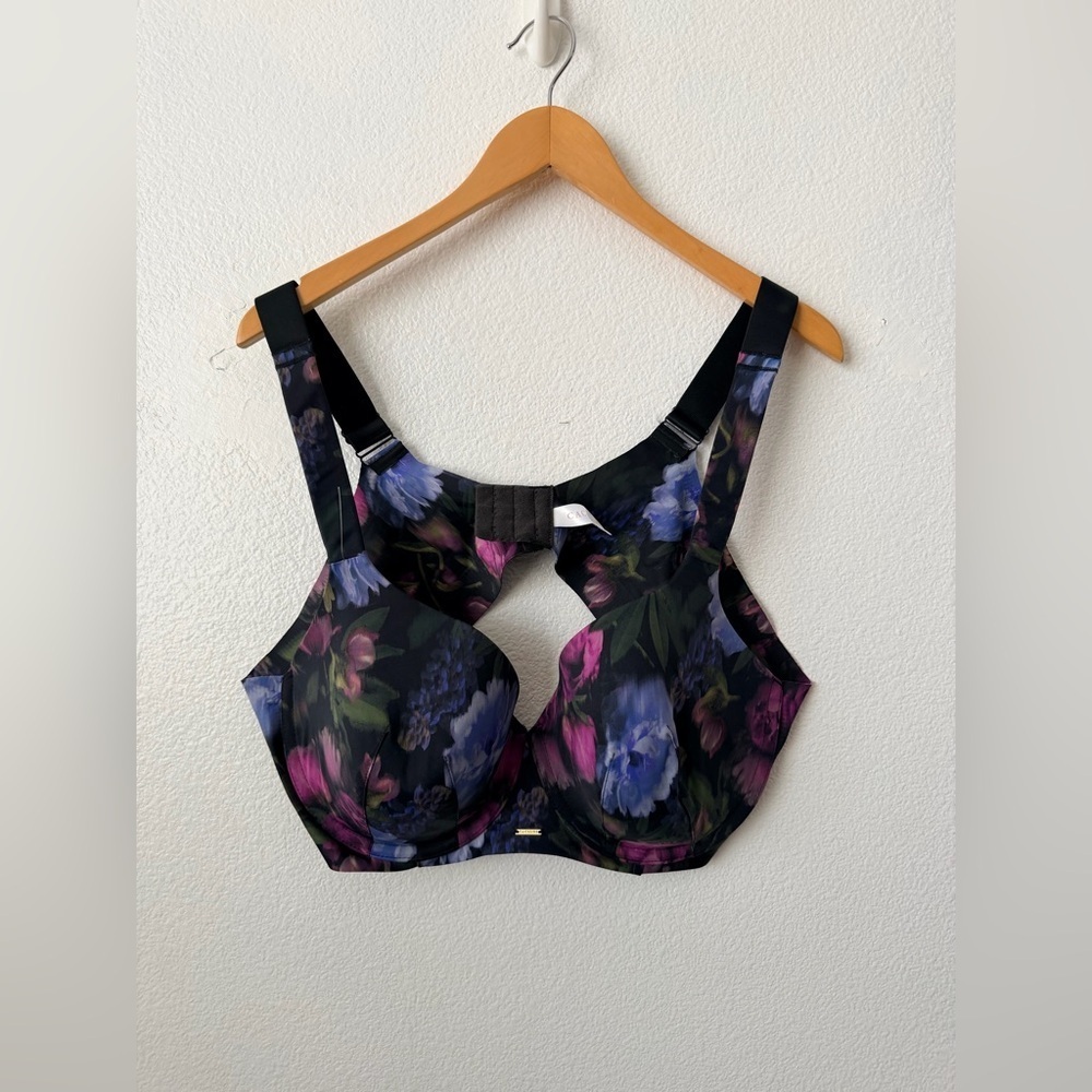 Cacique Lightly Lined Full Support Bra Black Pink Purple Floral Sz 44C